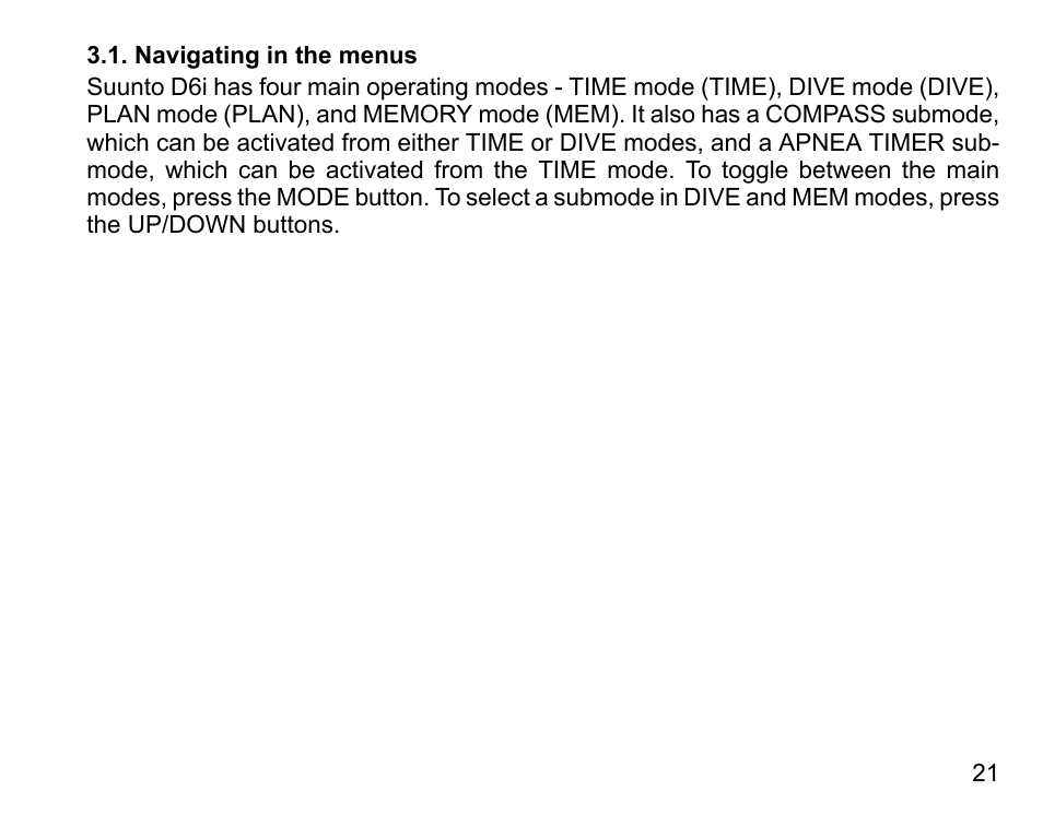 Navigating in the menus | SUUNTO D6I User Manual | Page 20 / 135