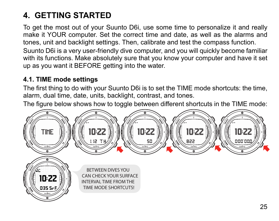 Getting started, Time mode settings | SUUNTO D6I User Manual | Page 24 / 135