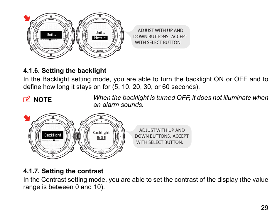 Setting the backlight, Setting the contrast, 29 4.1.7. setting the contrast | SUUNTO D6I User Manual | Page 28 / 135