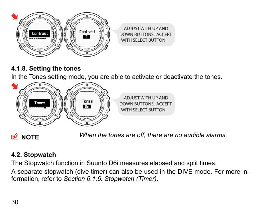 Setting the tones, Stopwatch | SUUNTO D6I User Manual | Page 29 / 135