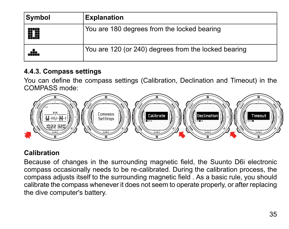 Compass settings, Calibration | SUUNTO D6I User Manual | Page 34 / 135