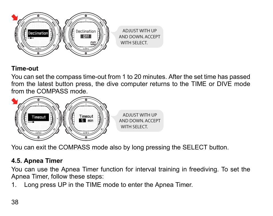 Time-out, Apnea timer | SUUNTO D6I User Manual | Page 37 / 135