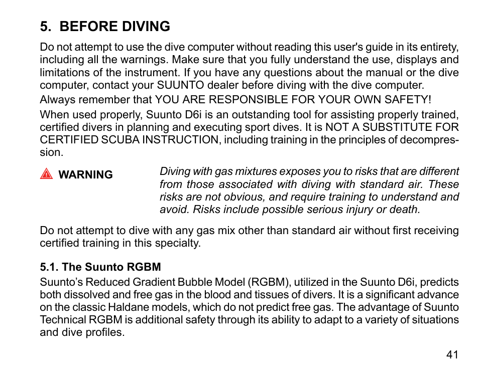 Before diving, The suunto rgbm | SUUNTO D6I User Manual | Page 40 / 135