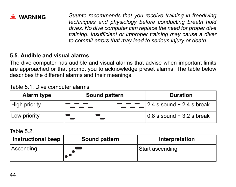 Audible and visual alarms | SUUNTO D6I User Manual | Page 43 / 135