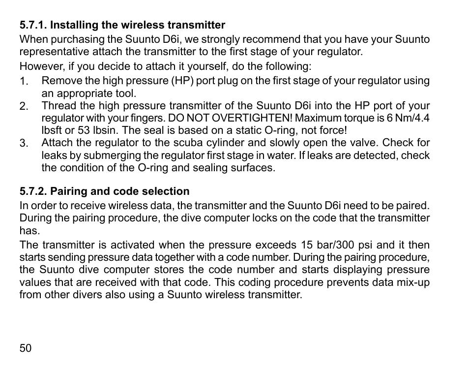 Installing the wireless transmitter, Pairing and code selection, 50 5.7.2. pairing and code selection | SUUNTO D6I User Manual | Page 49 / 135