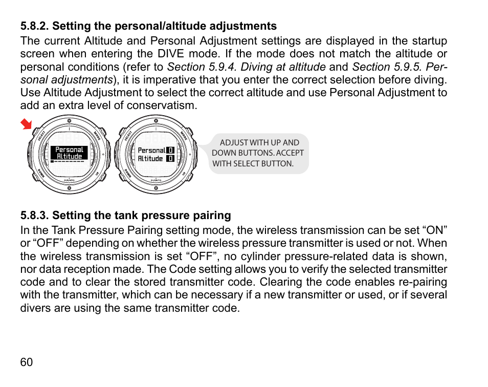 Setting the personal/altitude adjustments, Setting the tank pressure pairing, 60 5.8.3. setting the tank pressure pairing | SUUNTO D6I User Manual | Page 59 / 135