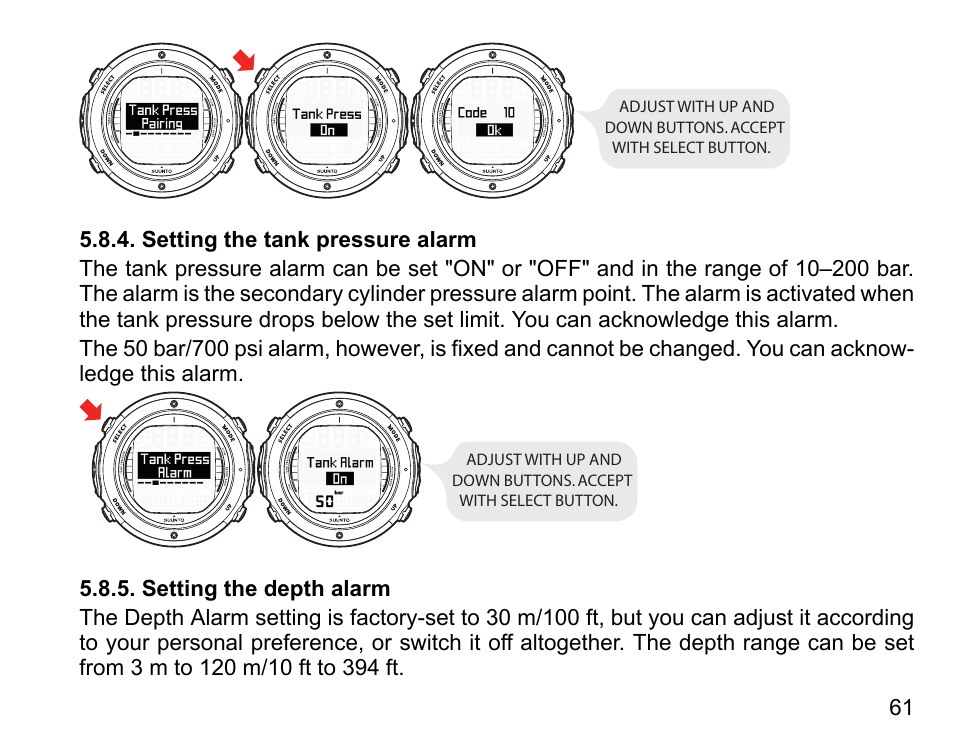 Setting the tank pressure alarm, Setting the depth alarm, 61 5.8.5. setting the depth alarm | SUUNTO D6I User Manual | Page 60 / 135