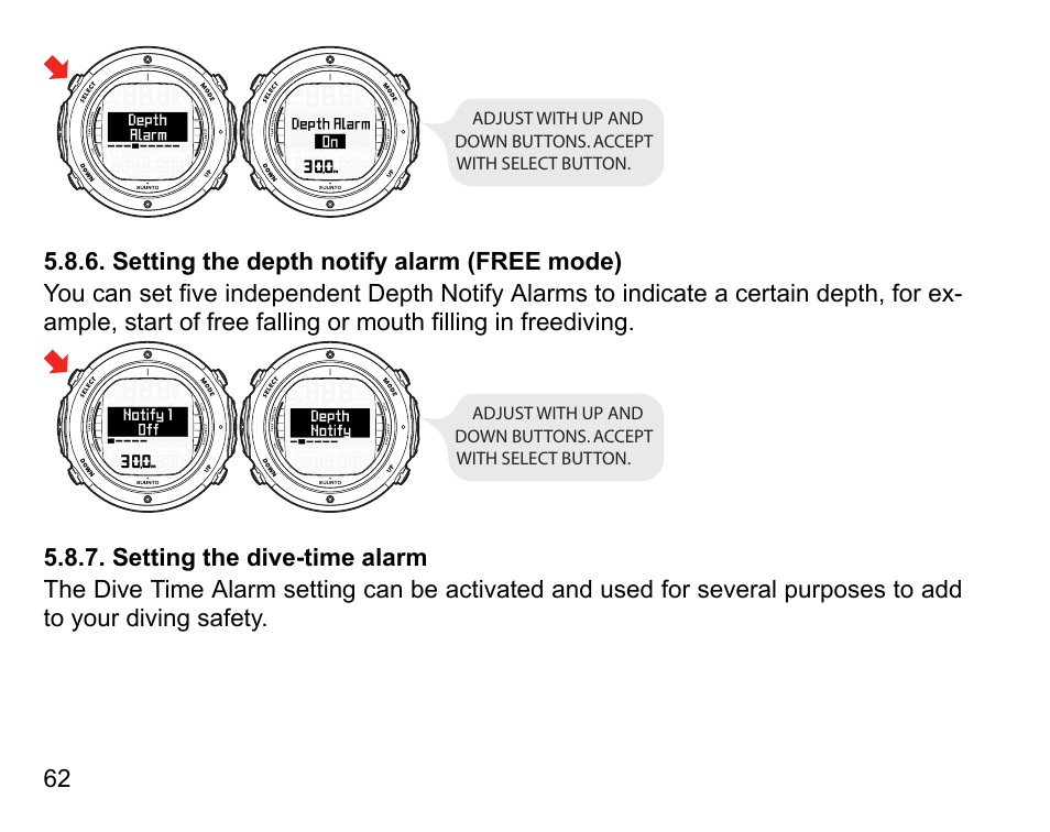 Setting the depth notify alarm (free mode), Setting the dive-time alarm, 62 5.8.7. setting the dive-time alarm | SUUNTO D6I User Manual | Page 61 / 135