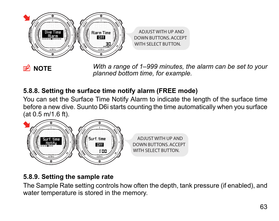 Setting the surface time notify alarm (free mode), Setting the sample rate, 63 5.8.9. setting the sample rate | SUUNTO D6I User Manual | Page 62 / 135