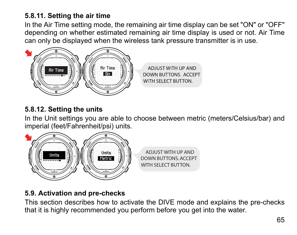 Setting the air time, Setting the units, Activation and pre-checks | 65 5.8.12. setting the units | SUUNTO D6I User Manual | Page 64 / 135