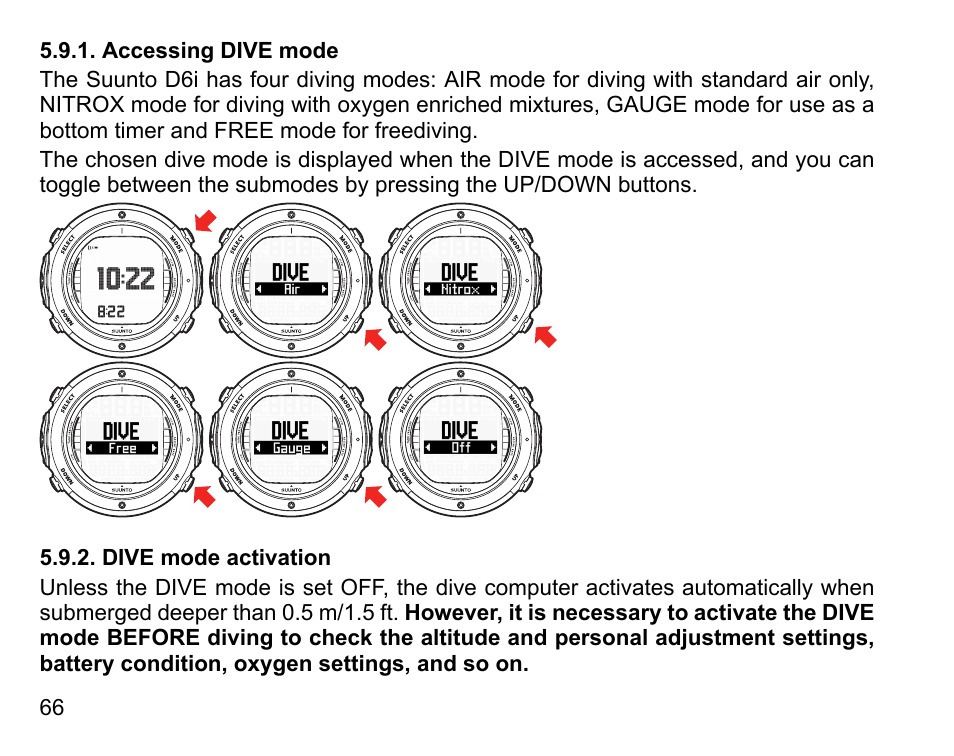 Accessing dive mode, Dive mode activation | SUUNTO D6I User Manual | Page 65 / 135