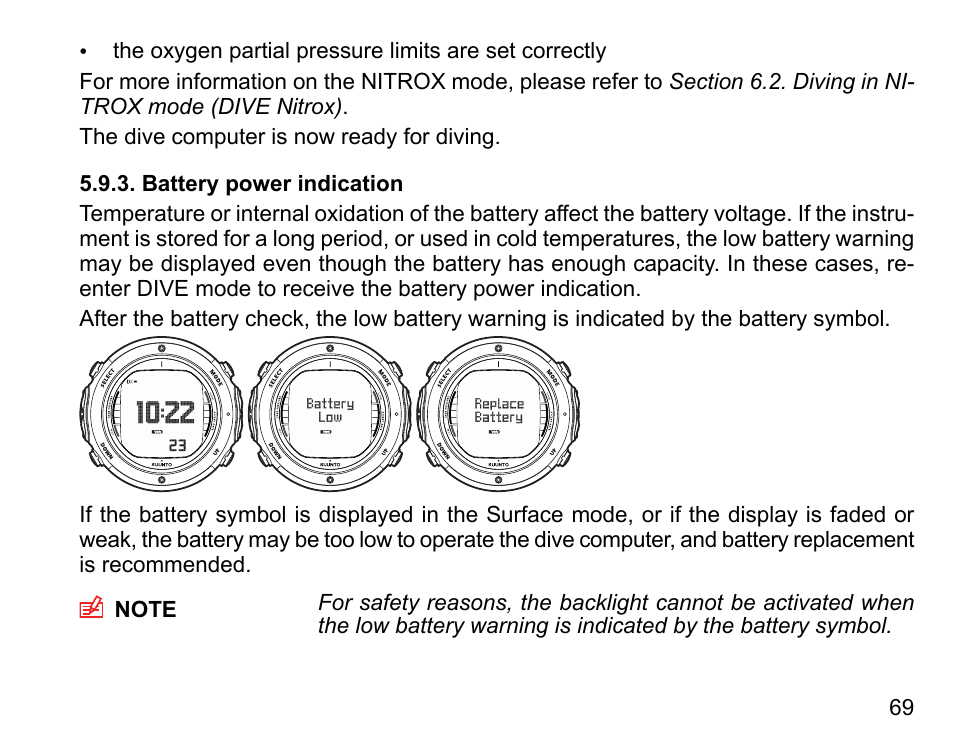 Battery power indication | SUUNTO D6I User Manual | Page 68 / 135