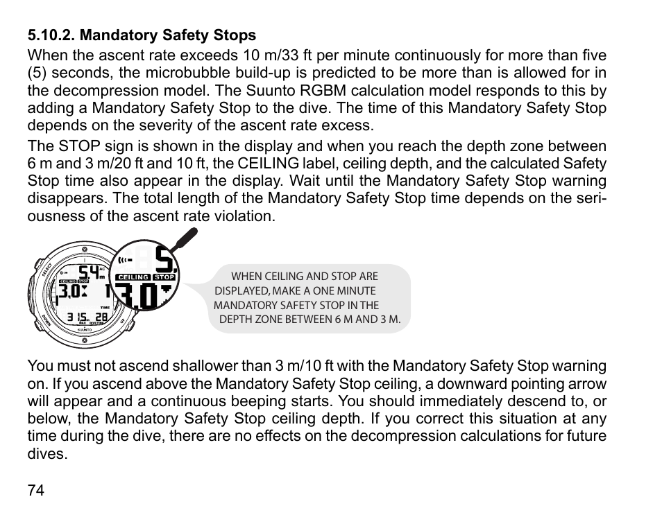 Mandatory safety stops | SUUNTO D6I User Manual | Page 73 / 135