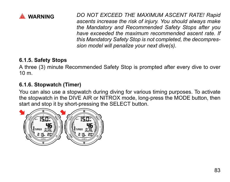 Safety stops, Stopwatch (timer), 83 6.1.6. stopwatch (timer) | SUUNTO D6I User Manual | Page 82 / 135