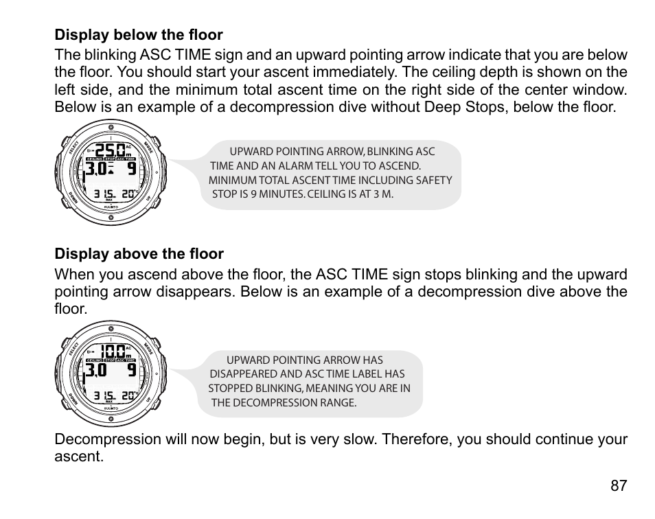 Display below the floor, Display above the floor | SUUNTO D6I User Manual | Page 86 / 135