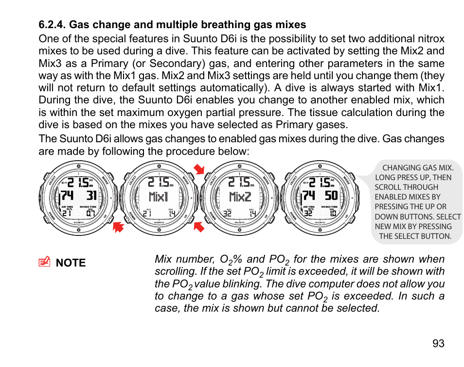 Gas change and multiple breathing gas mixes | SUUNTO D6I User Manual | Page 92 / 135