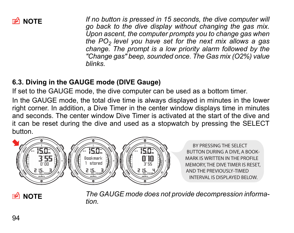 Diving in the gauge mode (dive gauge) | SUUNTO D6I User Manual | Page 93 / 135