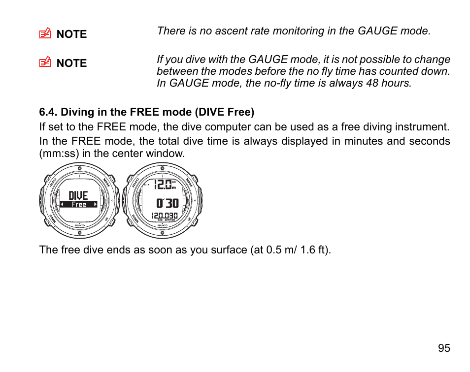 Diving in the free mode (dive free) | SUUNTO D6I User Manual | Page 94 / 135