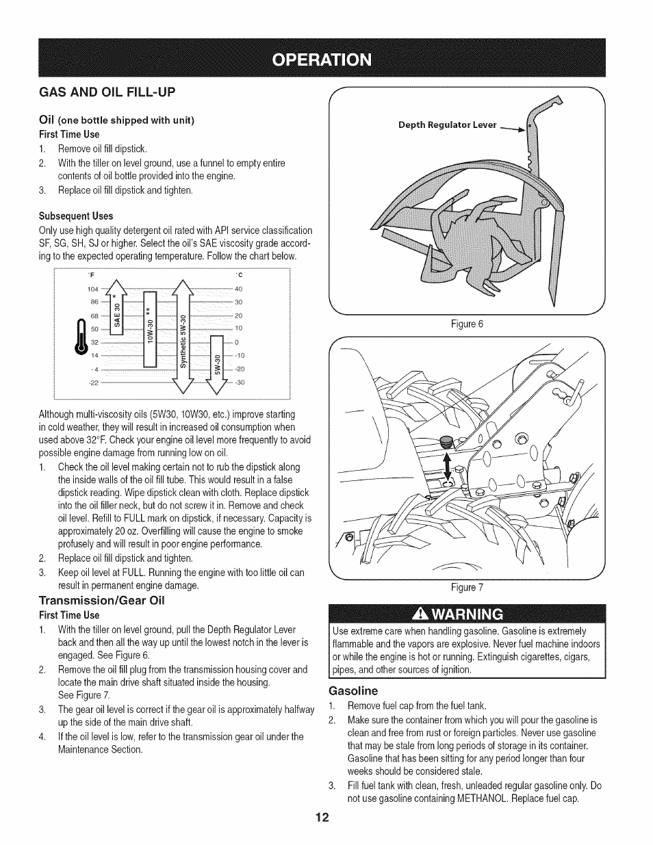 Gas and oil fill-up, Transmission/gear oil, Awarning | Gasoline, Operation, Warning | Craftsman 247.29931 User Manual | Page 12 / 64
