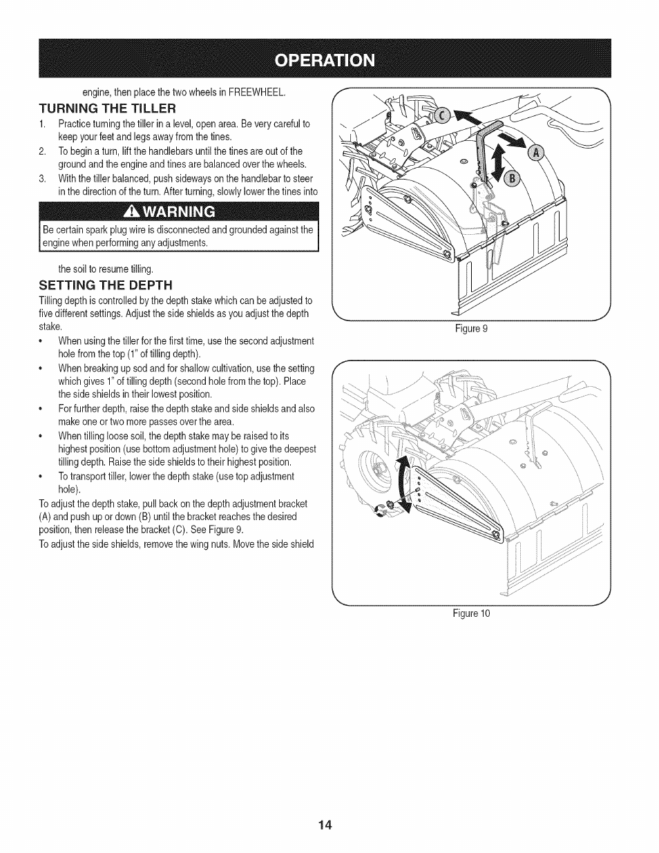 Turning the tiller, Awarning, Setting the depth | Operation, Warning | Craftsman 247.29931 User Manual | Page 14 / 64