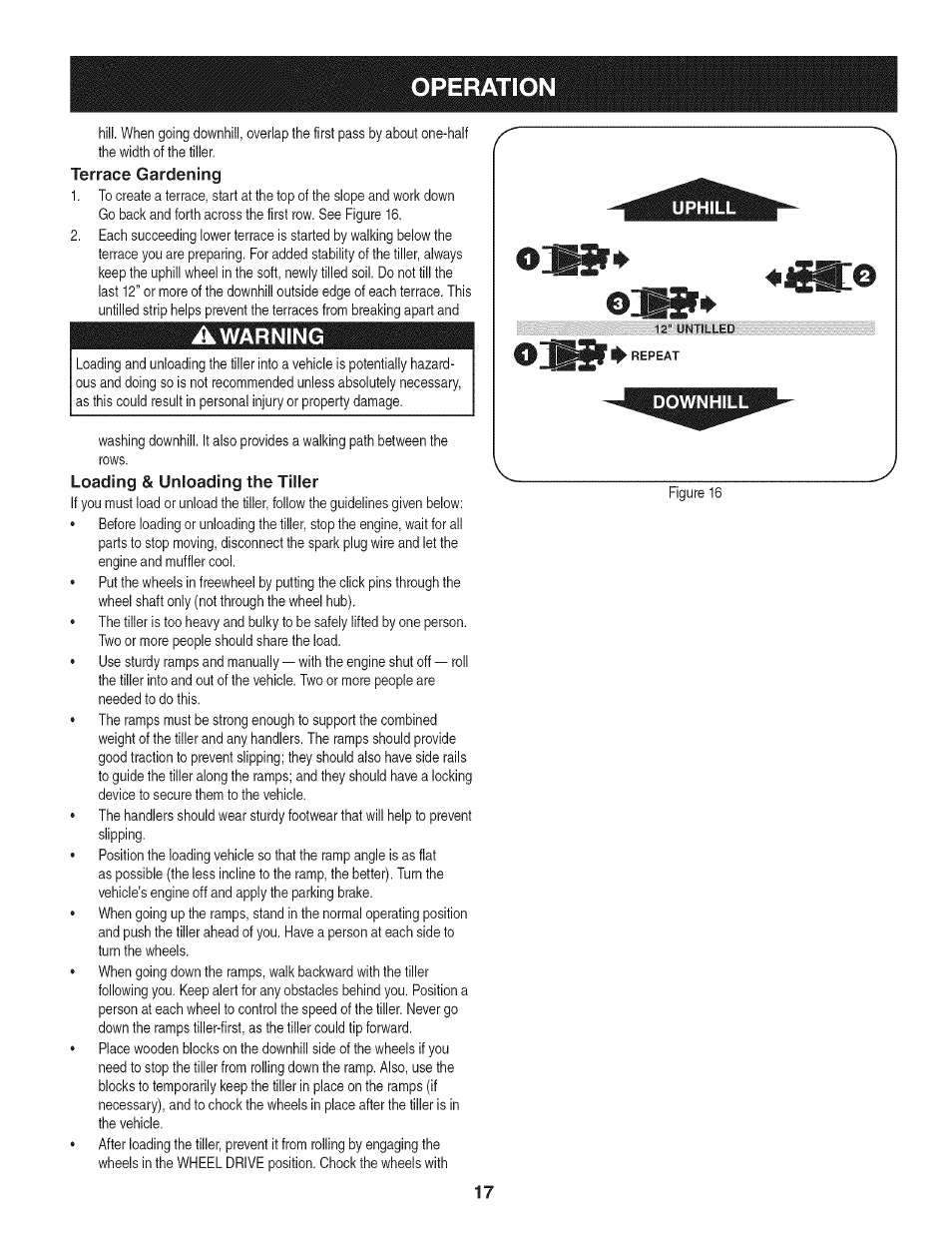 Terrace gardening, Awarning, Loading & unloading the tiller | Operation, Warning | Craftsman 247.29931 User Manual | Page 17 / 64