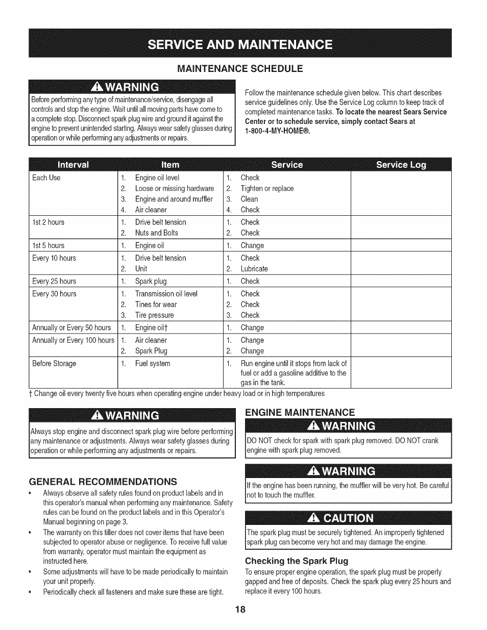 Awarning, General recommendations, A caution | Checking the spark plug, Service and maintenance, Warning, Maintenance schedule | Craftsman 247.29931 User Manual | Page 18 / 64