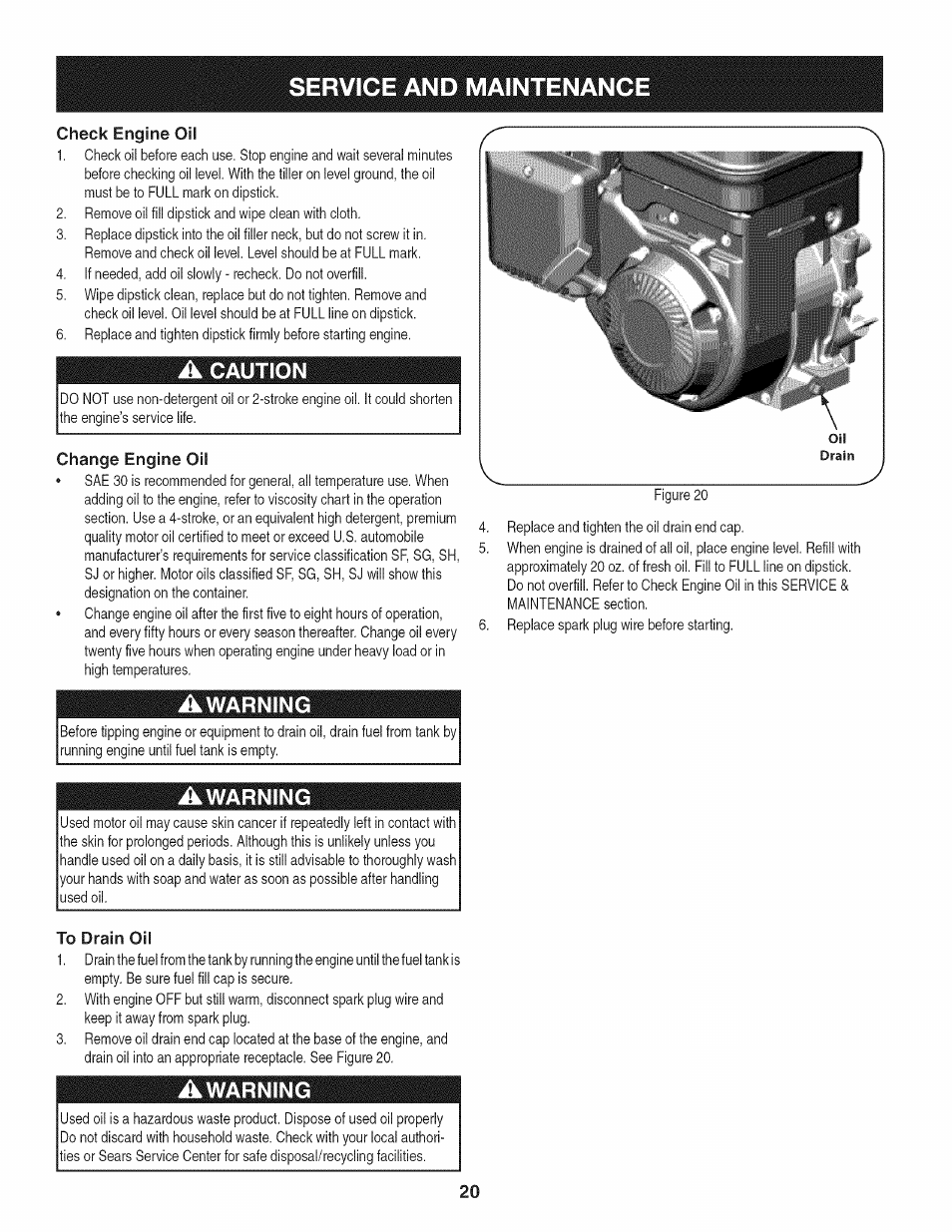 Check engine oil, A caution, Change engine oil | Awarning, To drain oil, Service and maintenance | Craftsman 247.29931 User Manual | Page 20 / 64