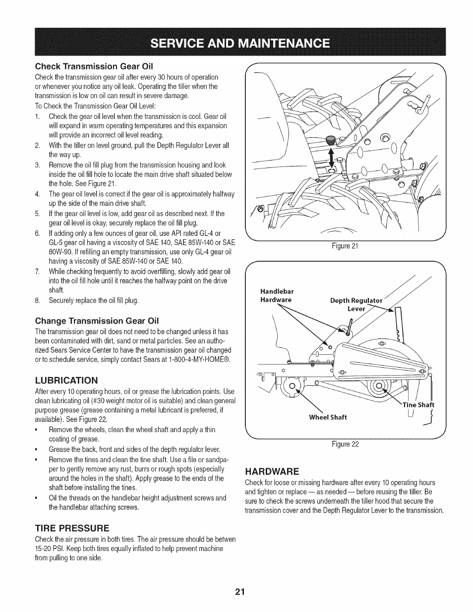 Check transmission gear oil, Change transmission gear oil, Lubrication | Tire pressure, Hardware, Service and maintenance | Craftsman 247.29931 User Manual | Page 21 / 64