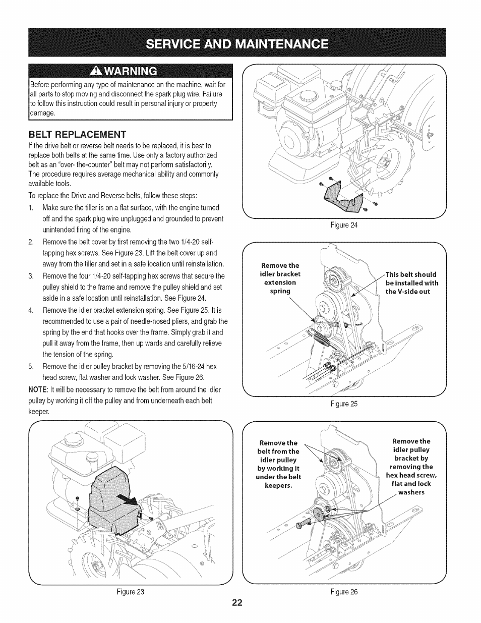 Awarning, Belt replacement, Service and maintenance | Warning | Craftsman 247.29931 User Manual | Page 22 / 64