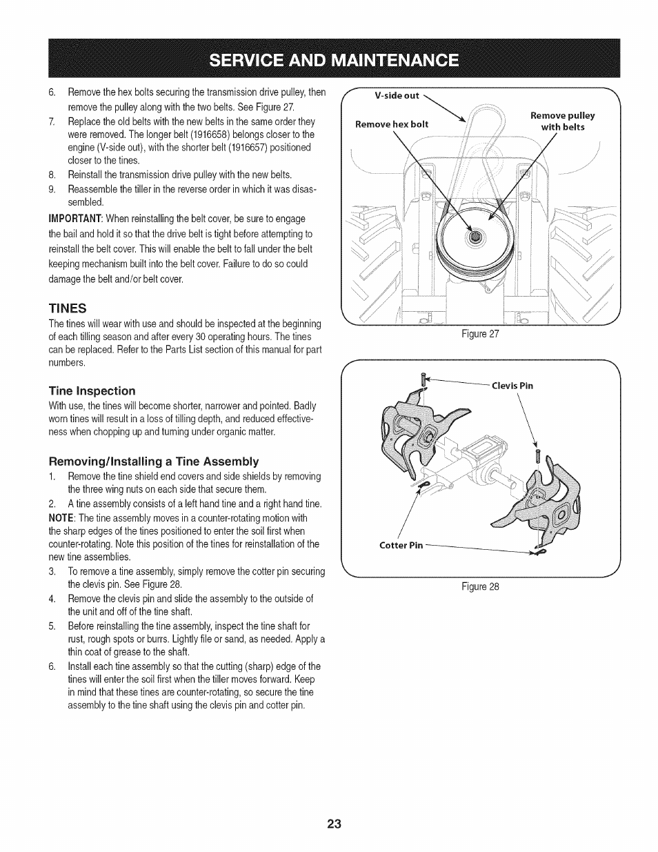 Tines, Tine inspection, Removing/lnstalling a tine assembly | Service and maintenance | Craftsman 247.29931 User Manual | Page 23 / 64