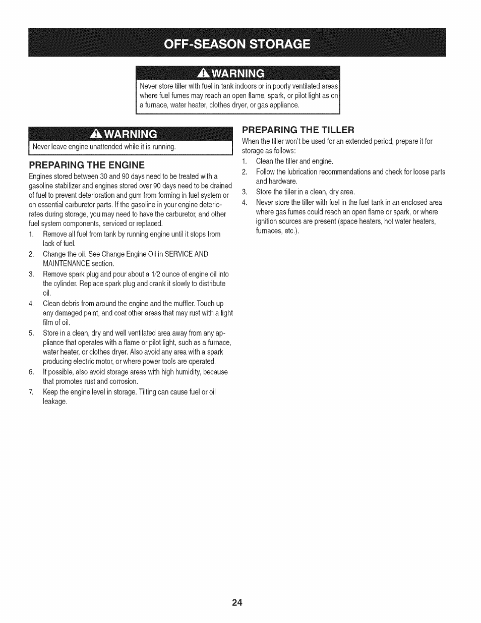 Awarning, Preparing the engine, Preparing the tiller | Off-season storag | Craftsman 247.29931 User Manual | Page 24 / 64