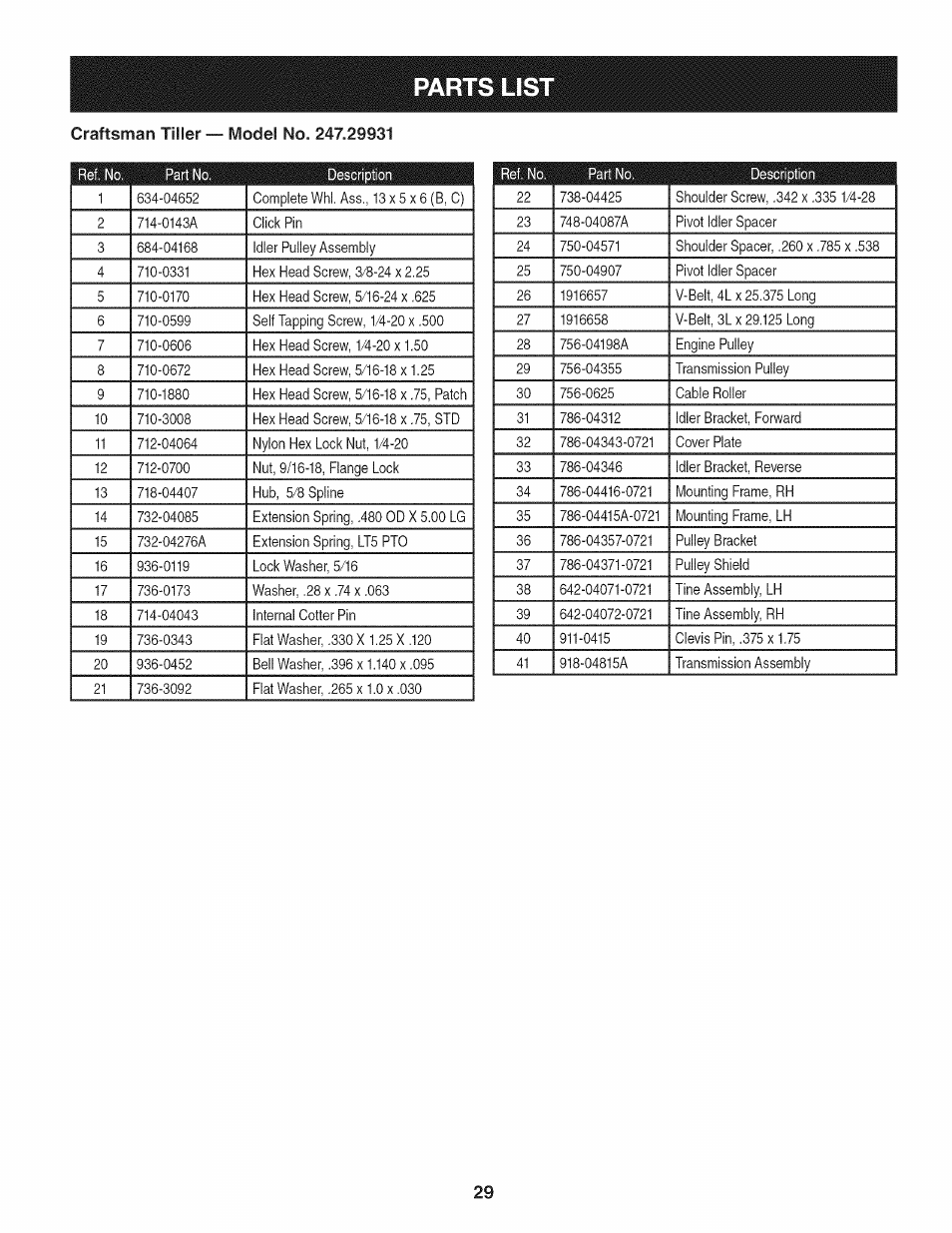 Parts lis | Craftsman 247.29931 User Manual | Page 29 / 64