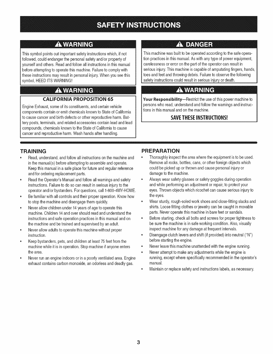 A warning, Awarning, Save these instructions | Training, Preparation, A danger, Safety instructions | Craftsman 247.29931 User Manual | Page 3 / 64