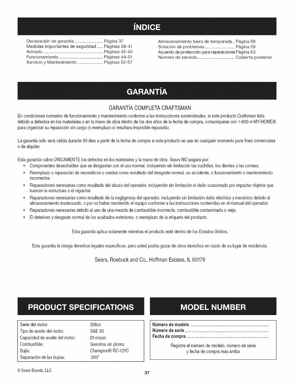 Garanti, Product specifications model number | Craftsman 247.29931 User Manual | Page 37 / 64