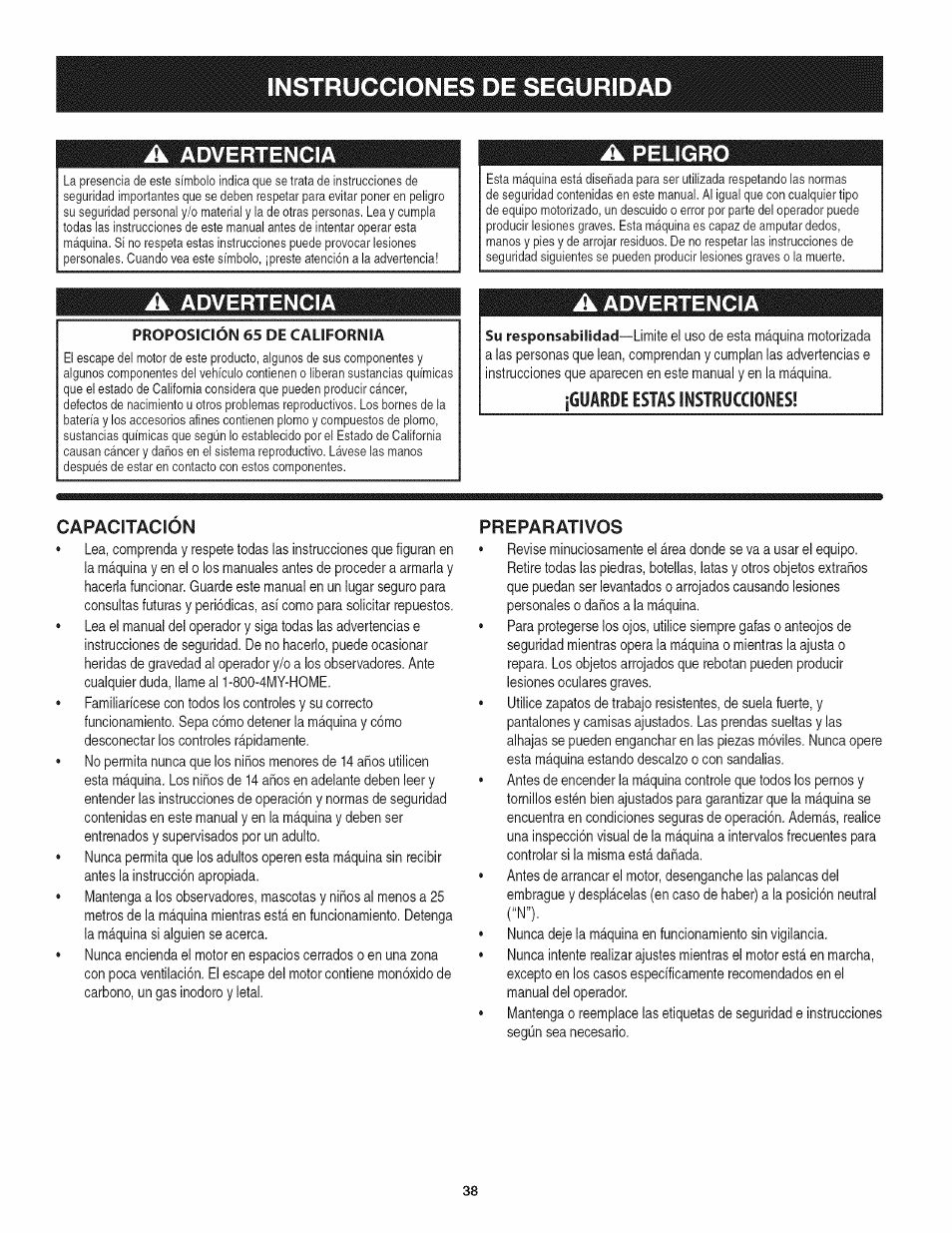 A advertencia, Guarde estas instrucciones, Capacitacion | Preparativos, Instrucciones de segurida, Advertencia, A peligro | Craftsman 247.29931 User Manual | Page 38 / 64