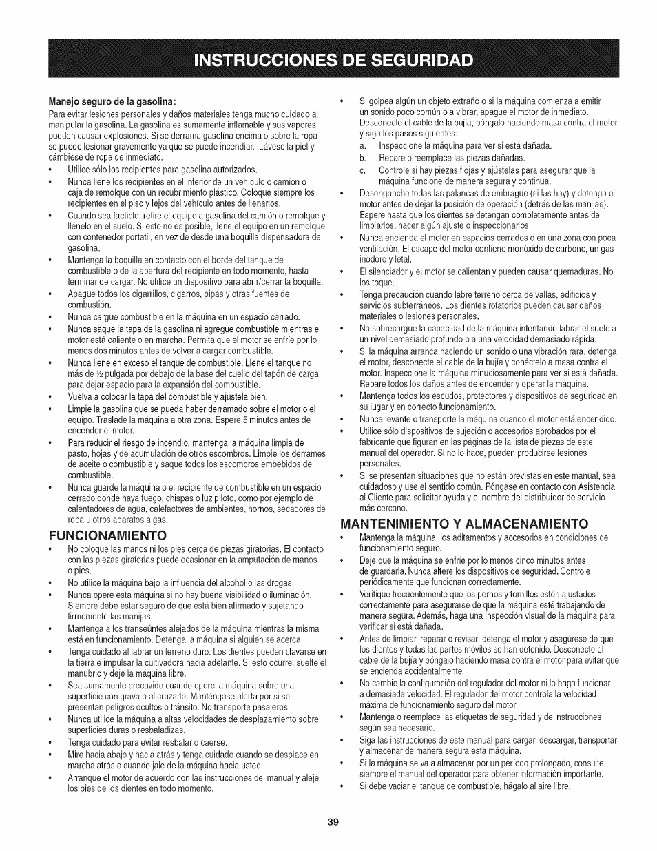 Funcionamiento, Mantenimiento y almacenamiento, Instrucciones de seguridad | Craftsman 247.29931 User Manual | Page 39 / 64