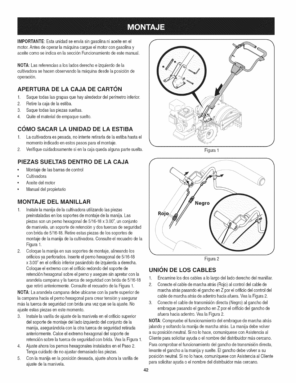 Apertura de la caja de cartón, Cómo sacar la unidad de la estiba, Piezas sueltas dentro de la caja | Montaje del manillar | Craftsman 247.29931 User Manual | Page 42 / 64