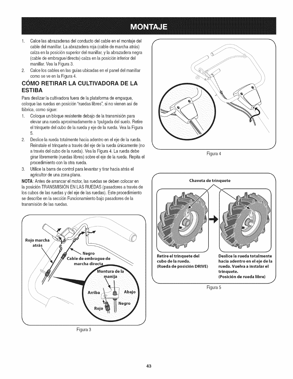 Cómo retirar la cultivadora de la estiba, Montaje | Craftsman 247.29931 User Manual | Page 43 / 64