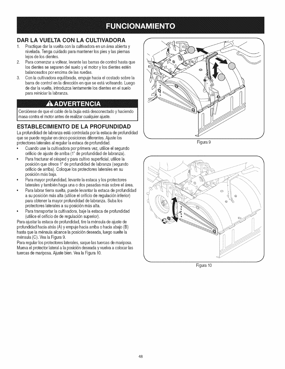 Aadvertencia, Establecimiento de la profundidad, Funcionamiento | Dar la vuelta con la cultivadora | Craftsman 247.29931 User Manual | Page 48 / 64