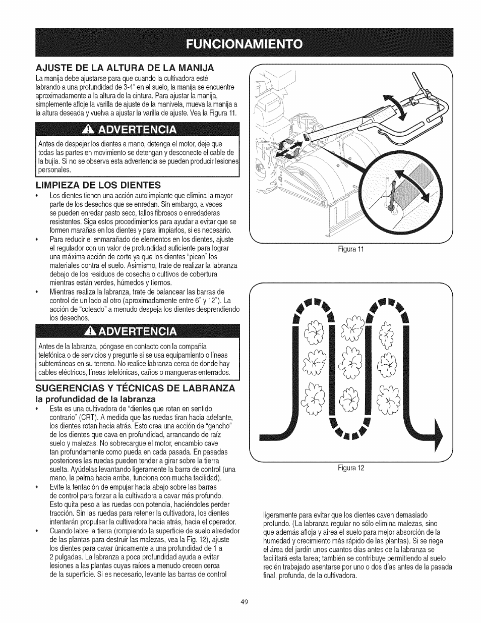 A advertencia, Limpieza de los dientes, Sugerencias y tecnicas de labranza | La profundidad de la labranza, Funcionamiento, Advertencia, Ajuste de la altura de la manija | Craftsman 247.29931 User Manual | Page 49 / 64