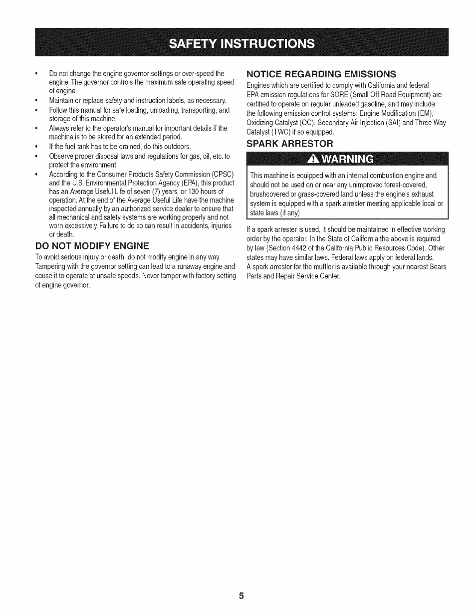 Do not modify engine, Notice regarding emissions, Spark arrestor | Awarning, Safety instructions, Warning | Craftsman 247.29931 User Manual | Page 5 / 64