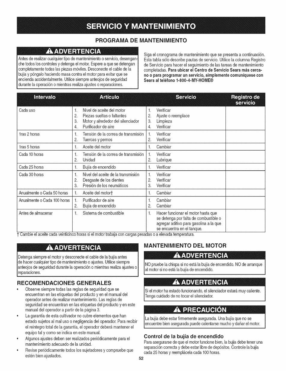Aadvertencia, Recomendaciones generales, Mantenimiento del motor | A precaución, Control de la bujía de encendido, Servicio y mantenimiento, Programa de mantenimiento, Advertencia, Intervalo artículo servicio registro de servicio | Craftsman 247.29931 User Manual | Page 52 / 64