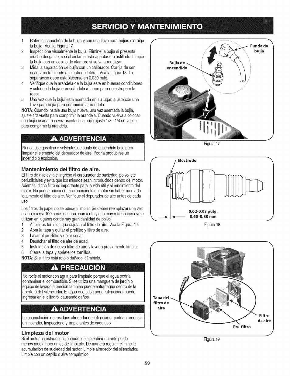 A advertencia, Mantenimiento del filtro de aire, A precaución | Aadvertencia, Limpieza del motor, Servicio y mantenimiento, Advertencia, Precaución | Craftsman 247.29931 User Manual | Page 53 / 64