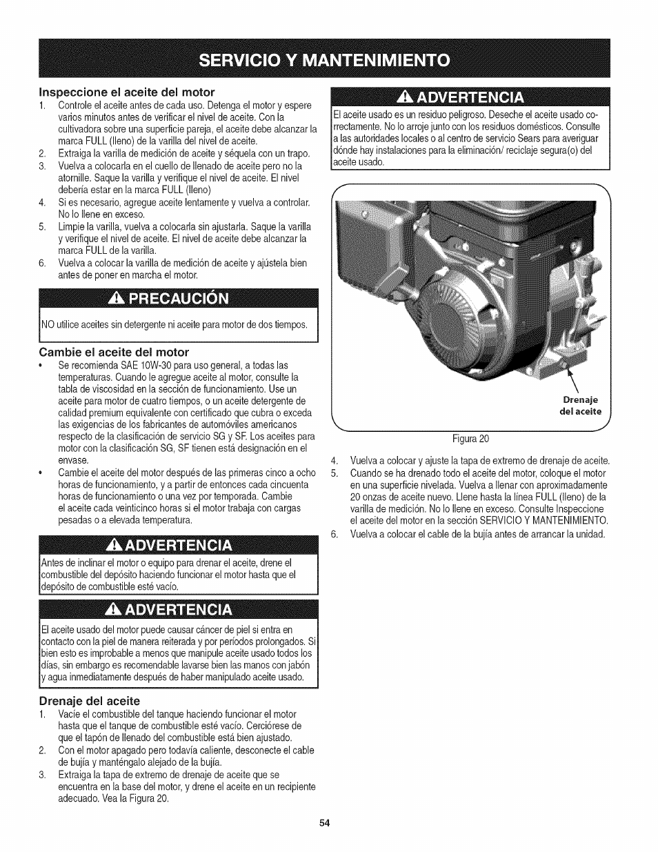 Inspeccione el aceite del motor, A precaución, Cambie el aceite del motor | Aadvertencia, Drenaje del aceite, Servicio y mantenimiento | Craftsman 247.29931 User Manual | Page 54 / 64
