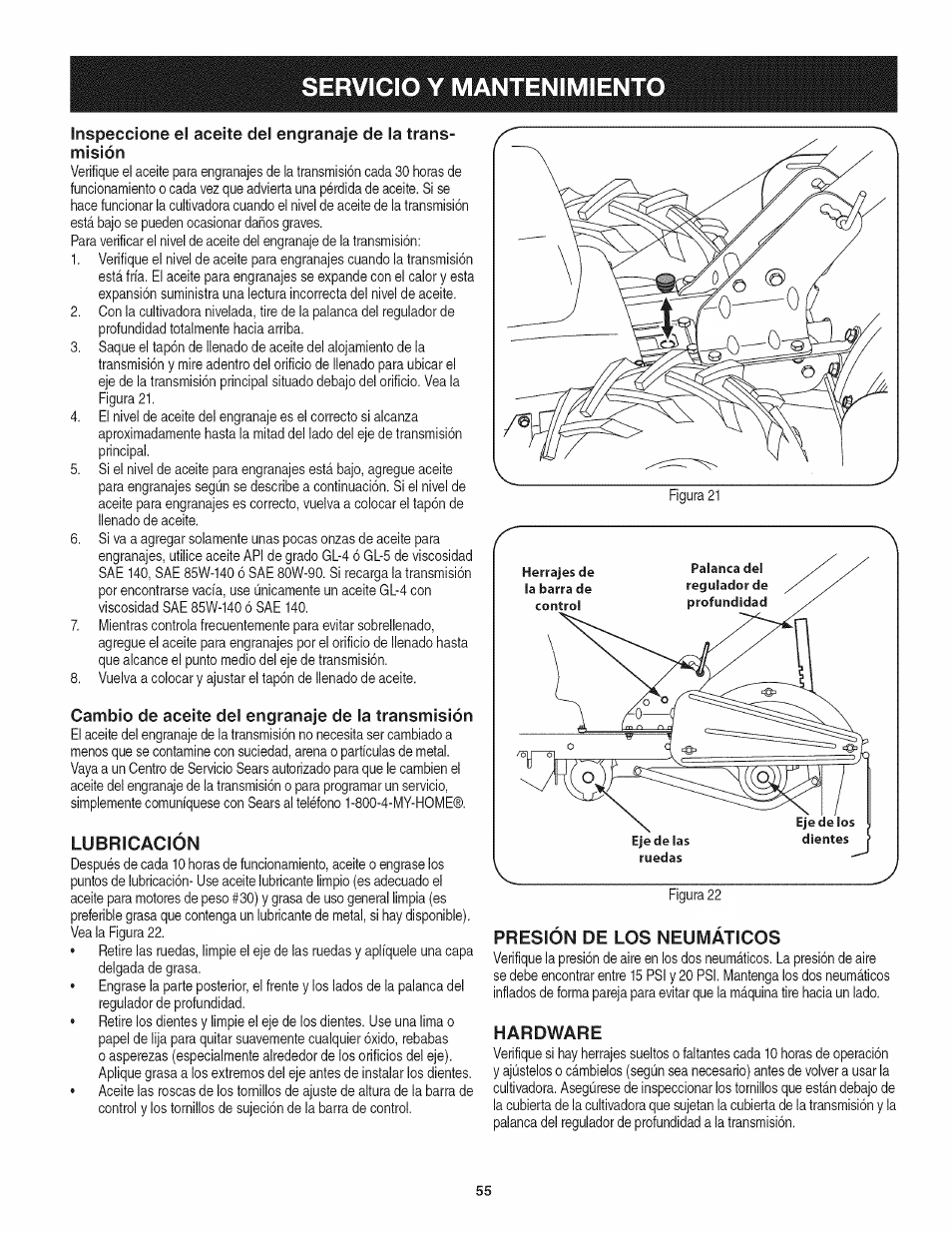 Cambio de aceite del engranaje de la transmisión, Lubricación, Presion de los neumaticos | Hardware, Servicio y mantenimiento | Craftsman 247.29931 User Manual | Page 55 / 64