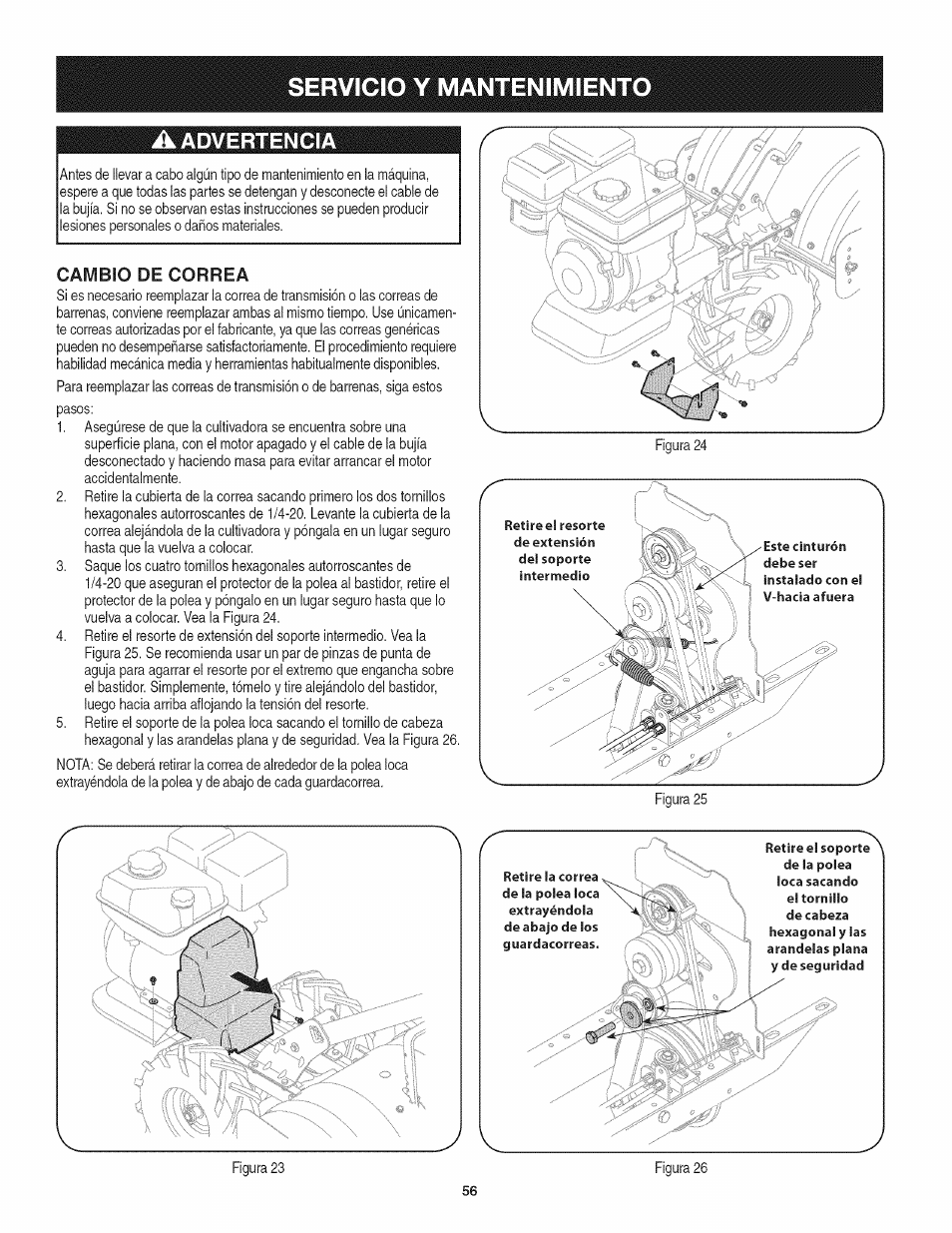 A advertencia, Cambio de correa, Servicio y mantenimiento | Craftsman 247.29931 User Manual | Page 56 / 64