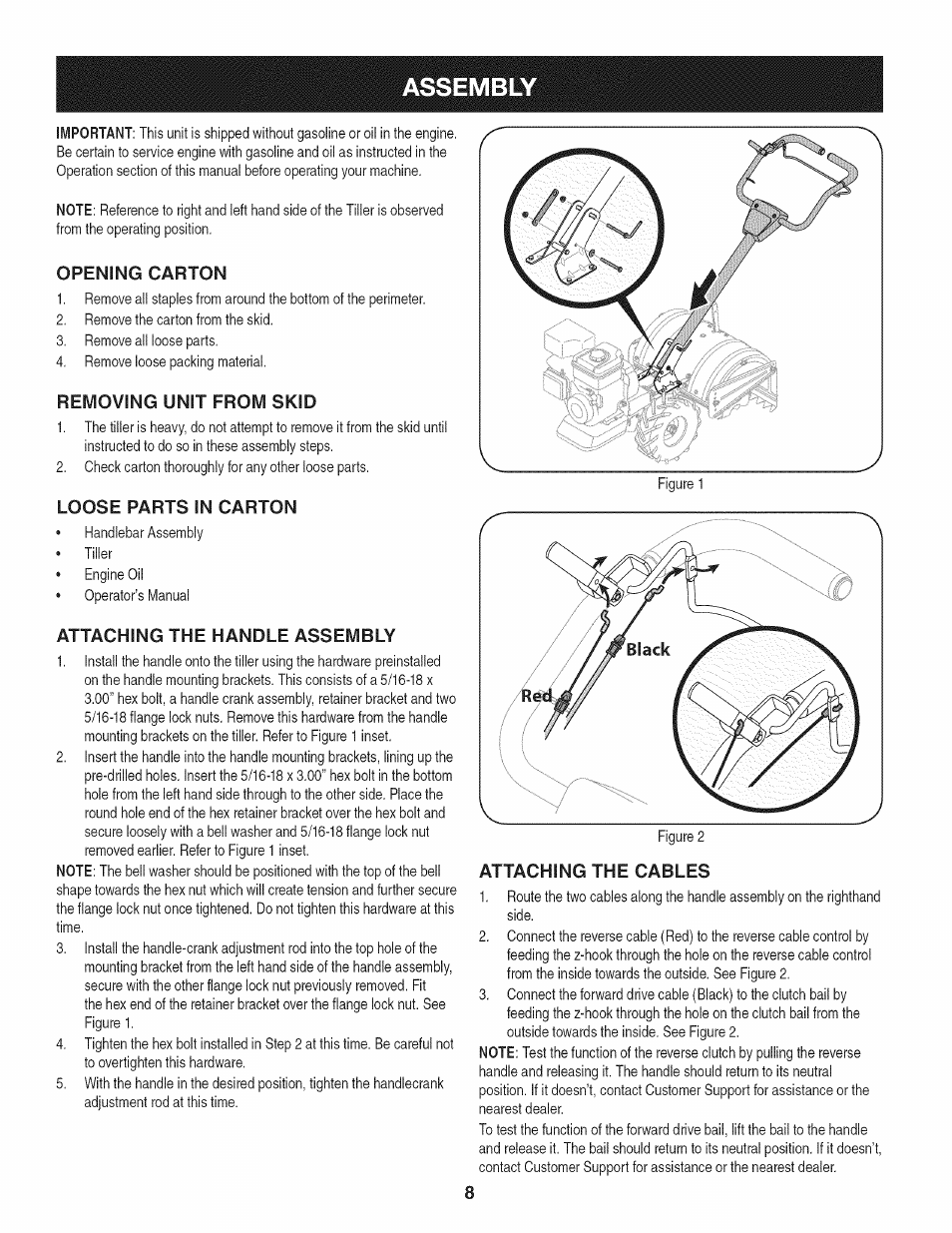 Opening carton, Removing unit from skid, Loose parts in carton | Attaching the handle assembly, Attaching the cables, Assembly | Craftsman 247.29931 User Manual | Page 8 / 64