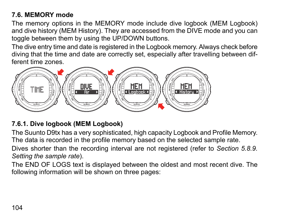 Memory mode, Dive logbook (mem logbook) | SUUNTO D9tx User Manual | Page 103 / 135