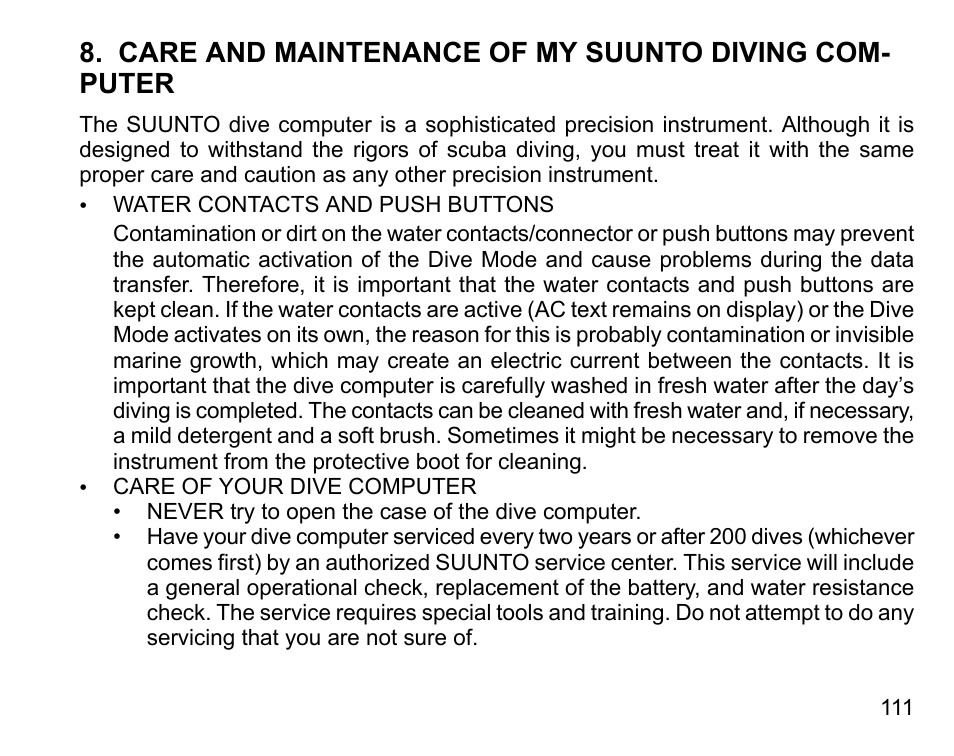 Care and maintenance of my suunto diving computer | SUUNTO D9tx User Manual | Page 110 / 135