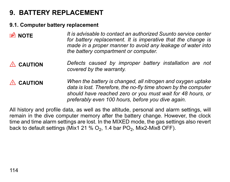 Battery replacement, Computer battery replacement | SUUNTO D9tx User Manual | Page 113 / 135